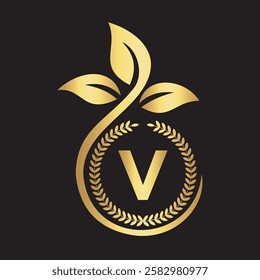 Eco Logo On Letter V With Green Leaf and Ribbon Symbol 
