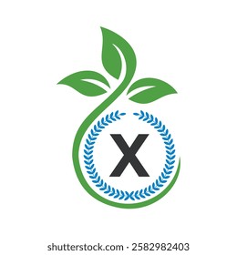 Eco Logo On Letter X With Green Leaf and Ribbon Symbol 