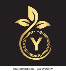 Eco Logo On Letter Y With Green Leaf and Ribbon Symbol 