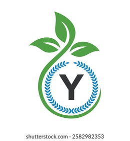 Eco Logo On Letter Y With Green Leaf and Ribbon Symbol 