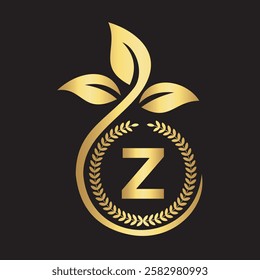 Eco Logo On Letter Z With Green Leaf and Ribbon Symbol 