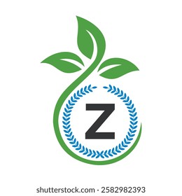 Eco Logo On Letter Z With Green Leaf and Ribbon Symbol 