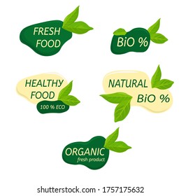 Eco logo. Organic healthy food labels and vegan products badge, nature farmed food tags. Vector design elements image gluten free and bio stickers or green tag natures quality isolated on a white back