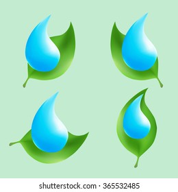 Eco logo. Organic vector logos. Blue drop of water on a green leaf. Isolated icons. 