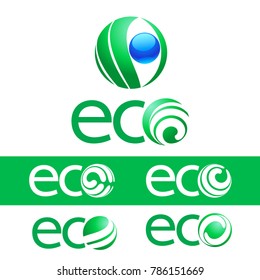 Eco Logo. Set of Green and Blue Vector Logotype for Ecology, Pharmacy, Medicine activity.
