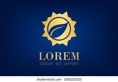 Eco logo - sun and green leaf. Healthy produce.