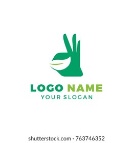 Eco logo template, gestalt leaf on hand, smart concept.