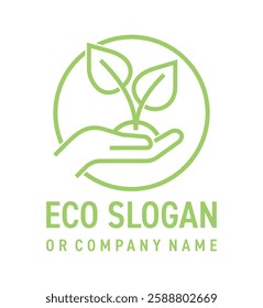 Eco logo template - for program, strategy or foundation. Or for herbal medicine production. Plant in hands in bold line