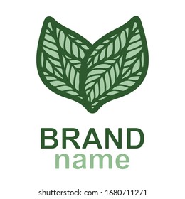 Eco logo with two green leaves on white background. Icon, sign, symbol, brand identity for business, cosmetics, organic products, natural healthy foods, environmental projects. Vector illustration.