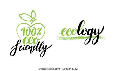 Eco logos, badges of vegetarian labels with icon and bio lettering. Vegetarian healthy food stickers, 100 eco bio friendly and ecology organic clean food tags with lettering. Vector illustration.