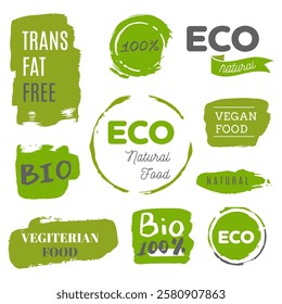 Eco logos set. Healthy food icons, labels. Organic tags. Natural product elements. Label for vegetarian restaurant menu. Raster illustration. Low fat stamp. Eco product. Vector illustration