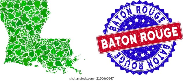Eco Louisiana State map composition of herbal leaves in green color shades and grunge bicolor Baton Rouge stamp. Red and blue bicolored stamp with grunge style and Baton Rouge slogan.