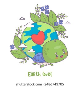 Eco Love. Adorable Cartoon Turtle character with Planet Earth, Flowers and Heart. Celebrate Green Living and Nature Conservation. Postcard eco concept. Environmental Awareness. Vector Illustration