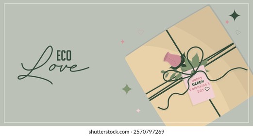 Eco Love Gift Box with Sustainable Valentine Message. Love and valentines day concept. Eco-friendly gift box. Valentines day gift banner. Flat style. Ecological love concept. Vector illustration