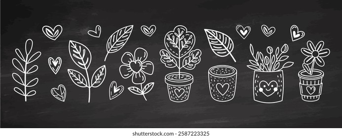 Eco love outline doodle set with hearts, plants, leaves, nature on chalkboard background