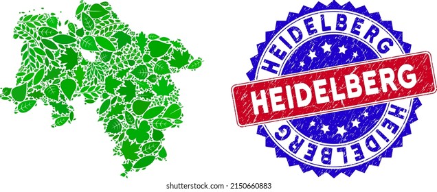 Eco Lower Saxony Land map collage of floral leaves in green color shades with grunge bicolor Heidelberg stamp. Red and blue bicolored stamp with corroded style and Heidelberg phrase.