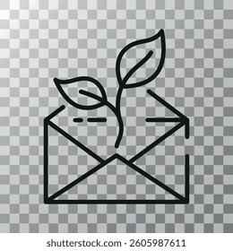 Eco mail icon, email with sprout, green message, sustainability communication, outline envelope with leaves, eco-friendly email, black line art, vector.