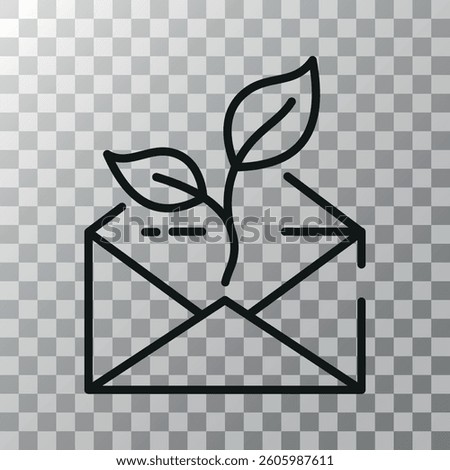 Eco mail icon, email with sprout, green message, sustainability communication, outline envelope with leaves, eco-friendly email, black line art, vector.
