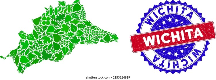 Eco Malaga Province map mosaic of herbal leaves in green color tinges with grunge bicolor Wichita stamp. Red and blue bicolored stamp with rubber style and Wichita phrase.