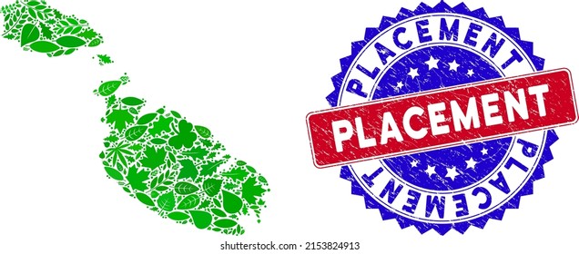 Eco Malta Island map collage of floral leaves in green color hues and grunge bicolor Placement seal stamp. Red and blue bicolored stamp with rubber style and Placement word.