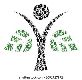 Eco man composition of dollar symbols and spheric spots. Vector money icons are combined into eco man composition.