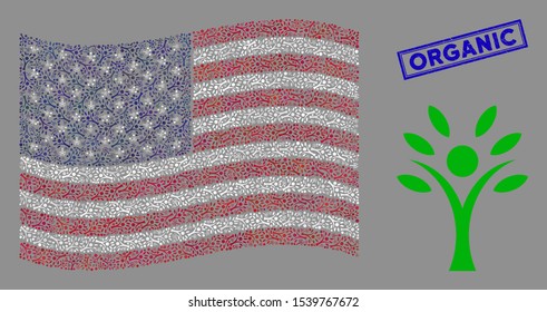 Eco man icons are combined into American flag mosaic with blue rectangle corroded stamp watermark of Organic phrase. Vector composition of USA waving flag is designed of eco man elements.
