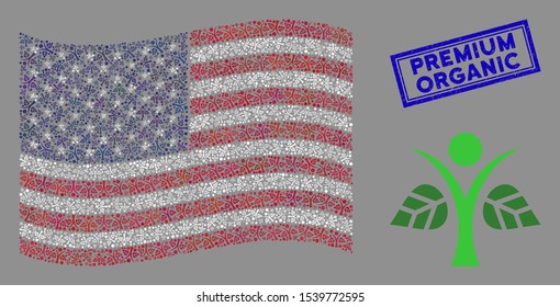 Eco man items are combined into American flag abstraction with blue rectangle rubber stamp watermark of Premium Organic caption.