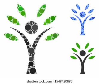 Eco man mosaic of small circles in various sizes and color hues, based on eco man icon. Vector small circles are united into blue mosaic. Dotted eco man icon in usual and blue versions.