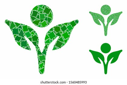 Eco man mosaic of unequal parts in different sizes and color tints, based on eco man icon. Vector unequal dots are organized into collage. Eco man icons collage with dotted pattern.