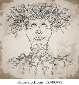 Eco man symbol. Tree with person on grunge background. Ecology concept. Hand drawn vector illustration