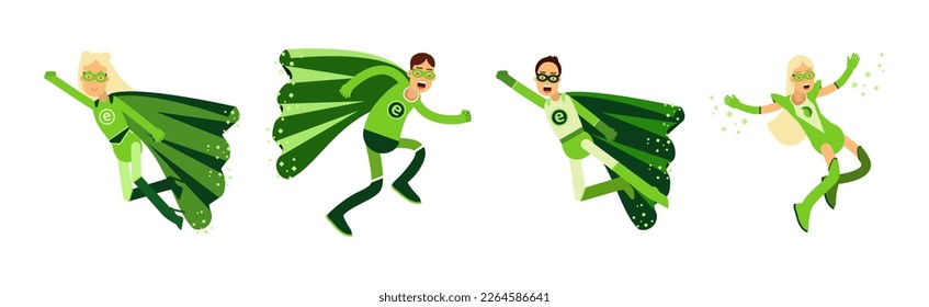 Personajes de superhéroes de hombres y mujeres de la OCE con traje verde con conjunto de vectores de Cabo