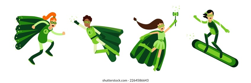 Personajes de superhéroes de hombres y mujeres de la OCE con traje verde con conjunto de vectores de Cabo