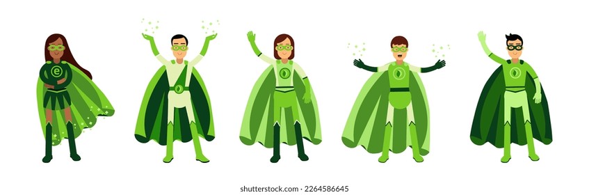 Personajes de superhéroes de hombres y mujeres de la OCE con traje verde con conjunto de vectores de Cabo