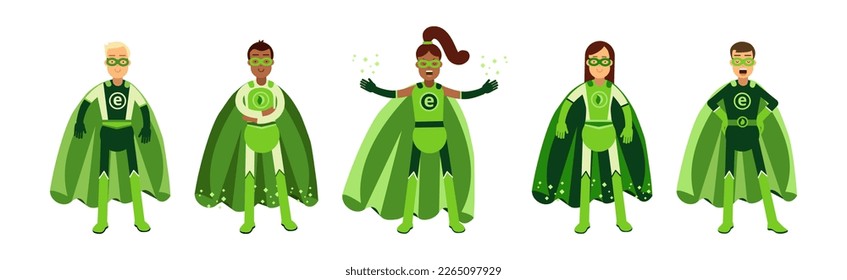 Personajes de superhéroes de hombres y mujeres de la OCE con traje verde con conjunto de vectores de Cabo