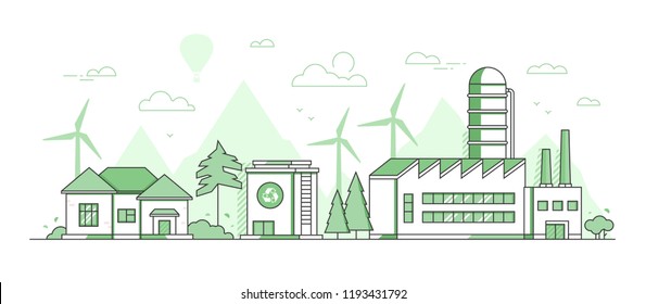 Eco manufacturing - modern thin line design style vector illustration on white background. Green colored urban composition with a big factory, trees, wind power generators, silhouettes of mountains