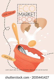 Eco market food card design with whisking bowl vector hand drawn illustration. Big orange bowl with whisk and breaking egg. Natural organic food banner concept for farmer products.