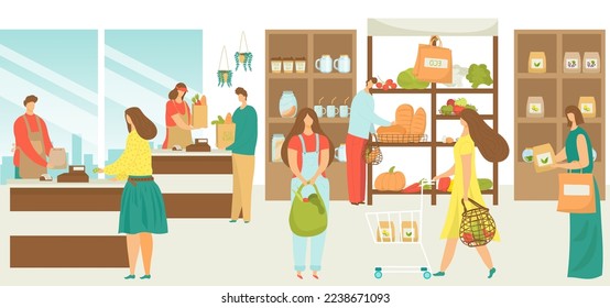 Eco market grocery with organic food and vegetable, cartoon people in store vector illustration. Flat retail sale, man woman character