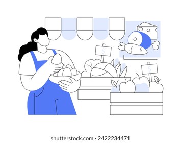 Eco market isolated cartoon vector illustrations. Store seller offering fresh local food, eco market shopping, buying farmer organic products, healthy and organic nutrition vector cartoon.