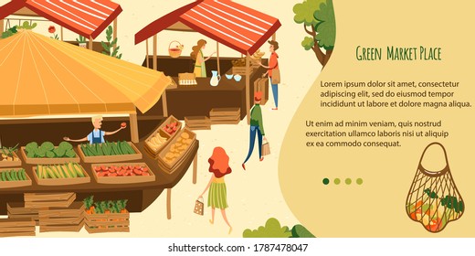 Eco market vector illustration. Cartoon flat buyer character buying green natural eco product, sellers selling organic fruits and vegetables in stall marketplace, seasonal sale farm fair event banner