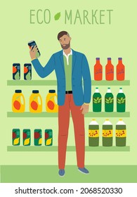 Eco market. Young man shopping healthy green eco food in store and holding drink in can, studying ingredients. Daily life and everyday routine scene market. Vector, flat, cartoon, illustration.