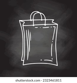 Eco material bag on a chalkboard background. Eco concept. Hand drawn vector outline doodle icon.