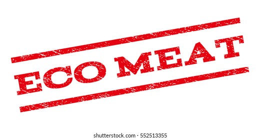 Eco Meat watermark stamp. Text caption between parallel lines with grunge design style. Rubber seal stamp with scratched texture. Vector red color ink imprint on a white background.