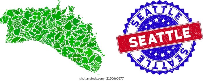 Eco Menorca Island map collage of herbal leaves in green color tones and grunge bicolor Seattle seal. Red and blue bicolored seal with distress surface and Seattle text.