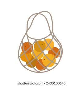 Eco Mesh or net bag full of fresh organic oranges. Vector illustration in flat doodles style.