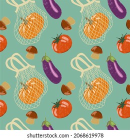 Eco mesh, vegetables isolated on a blue background. Seamless pattern. A modern shop with fresh organic produce from the local market. Vector illustration in flat cartoon style.