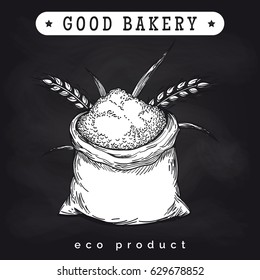 Eco mill product logo on chalkboard. Vector whole bag of wheat flour and ears of wheat