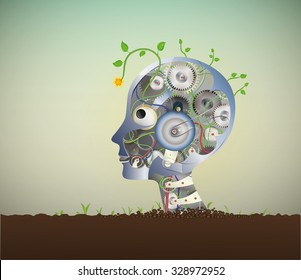 Eco mind, Eco robot concept, sprouts of plant flower and  grow from metal robot head on soil, human and nature connection idea, machine and nature concept, vector