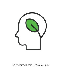 Eco minded, in line design, green. Eco, minded, environment, green, sustainable, conscious, nature on white background vector. Eco minded editable stroke icon.