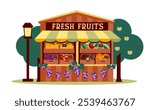 Eco Mini Market Fruit Stall Illustration, Flat Style with Pricing for Grapes, Oranges, Apples, and More