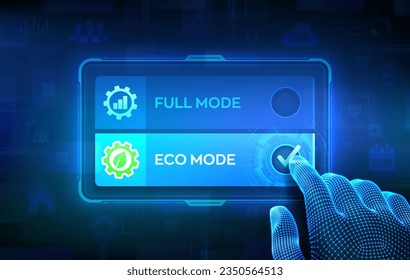 Eco-Modus oder Full-Mode. Energieeinsparung und Verringerung des Konzepts der Stromkonzentration. Umweltfreundliche Industrie. Tippen Sie auf den virtuellen Touchscreen, und tippen Sie auf den Eco-Modus-Button. Vektorgrafik.